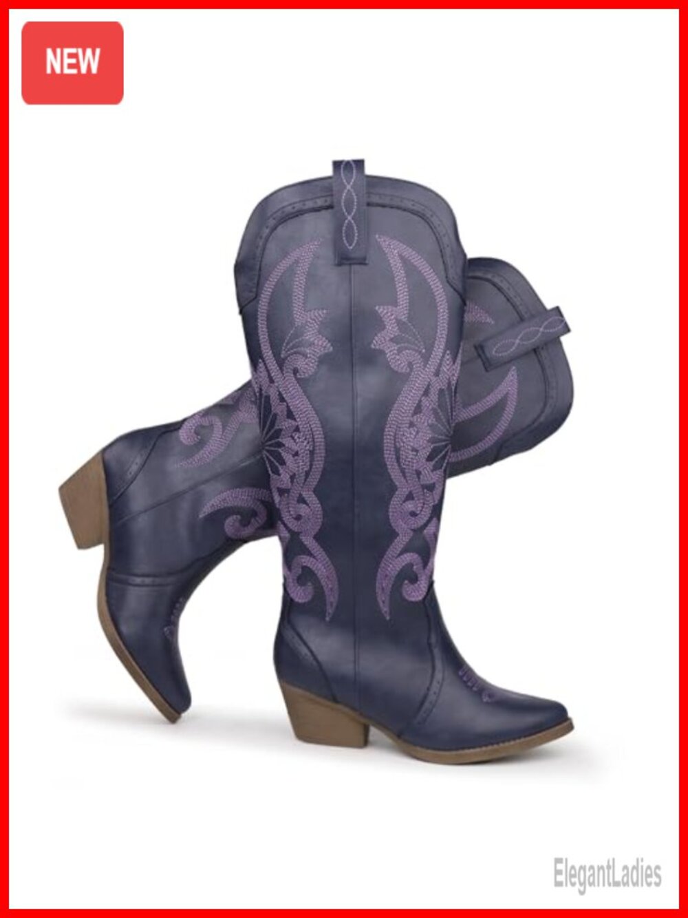 Women's Embroidered Western Cowboy Boots Pointed Toe Block Heel Faux Leather